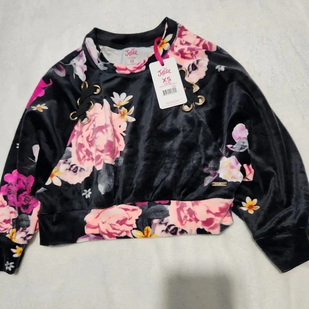 Justice Sweater For Girl's Size XSmall 5/6 Black Floral Super Soft